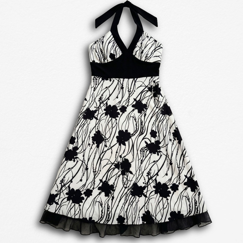 Speechless Y2K Floral Halter Midi Dress Black White Mesh Trim Medium